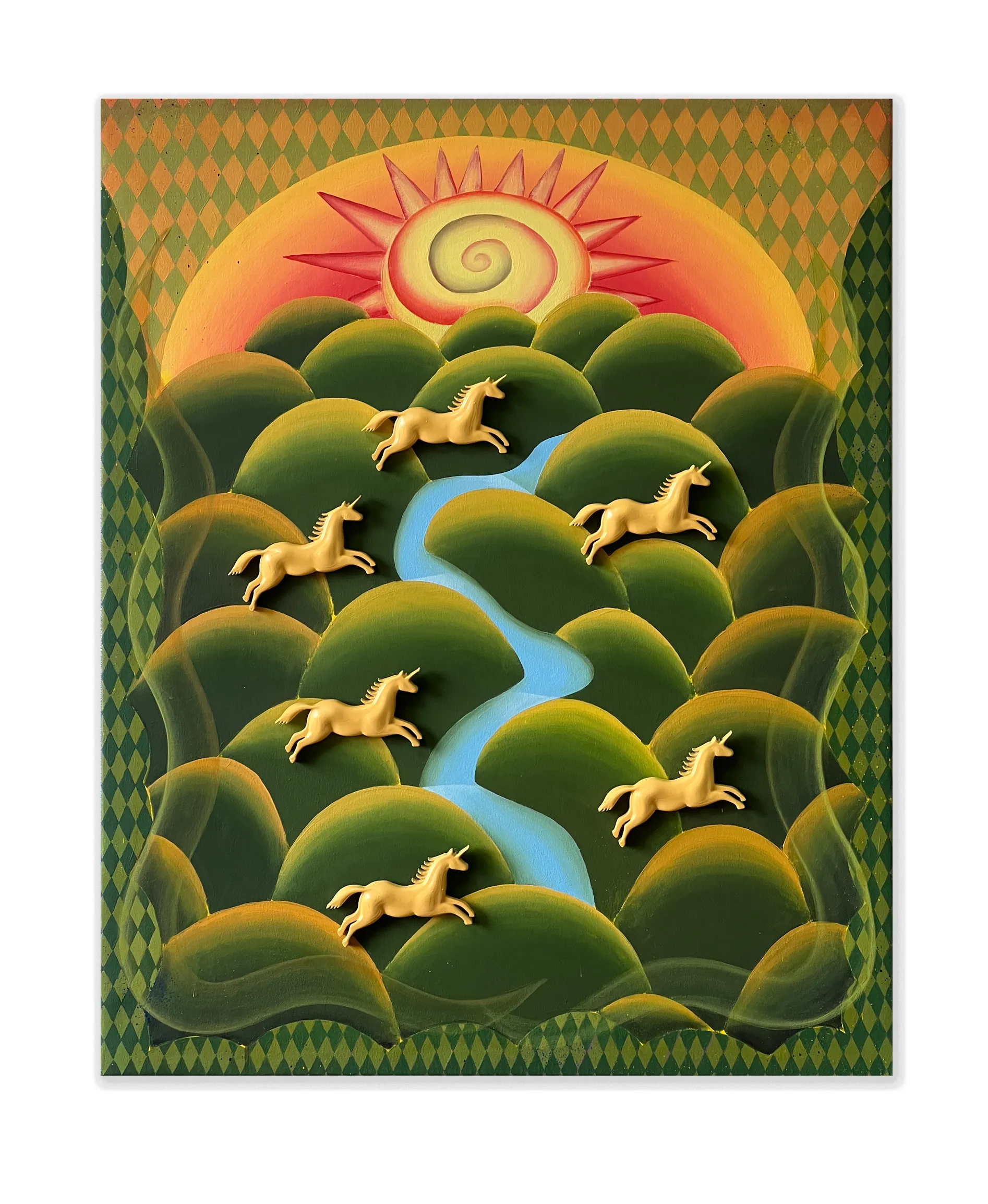Image of Herd of unicorns by Liza Obukhovska, size: 80x100, made of canvas, acrylic, spray, textile, Painting medium, from Khmelnytskyi, part of the When we were hills series, priced at $1000