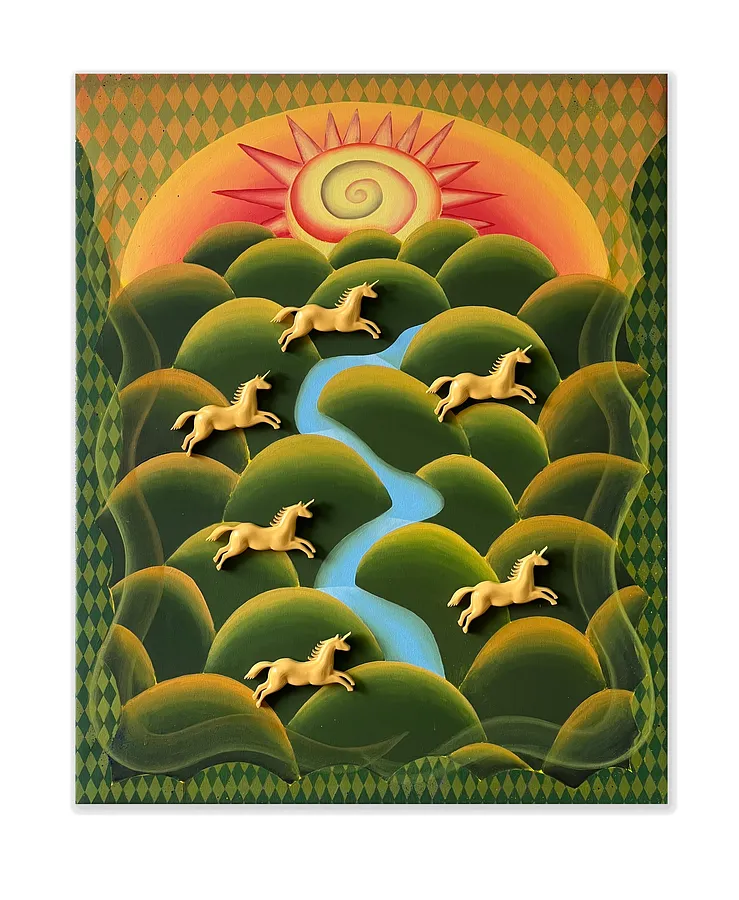Image of Herd of unicorns by Liza Obukhovska, size: 80x100, made of canvas, acrylic, spray, textile, Painting medium, from Khmelnytskyi, part of the When we were hills series, priced at $1000