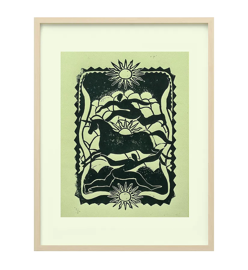 Image of UNICORN HUNT by Liza Obukhovska, size: А3, made of PRINT, Graphics medium, from Khmelnytskyi, part of the LINOCUT series, priced at $100