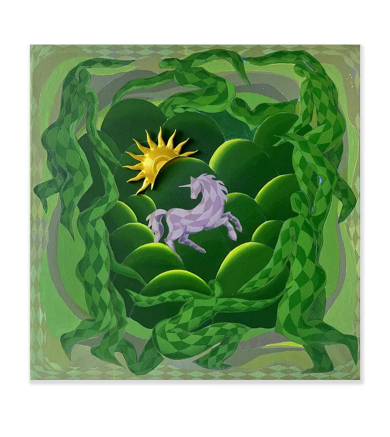 Image of UNICORN TRAP by Liza Obukhovska, size: 80x80, made of canvas, acrylic, spray, 3d-element, Painting medium, from Khmelnytskyi, part of the When we were hills series, priced at $1000