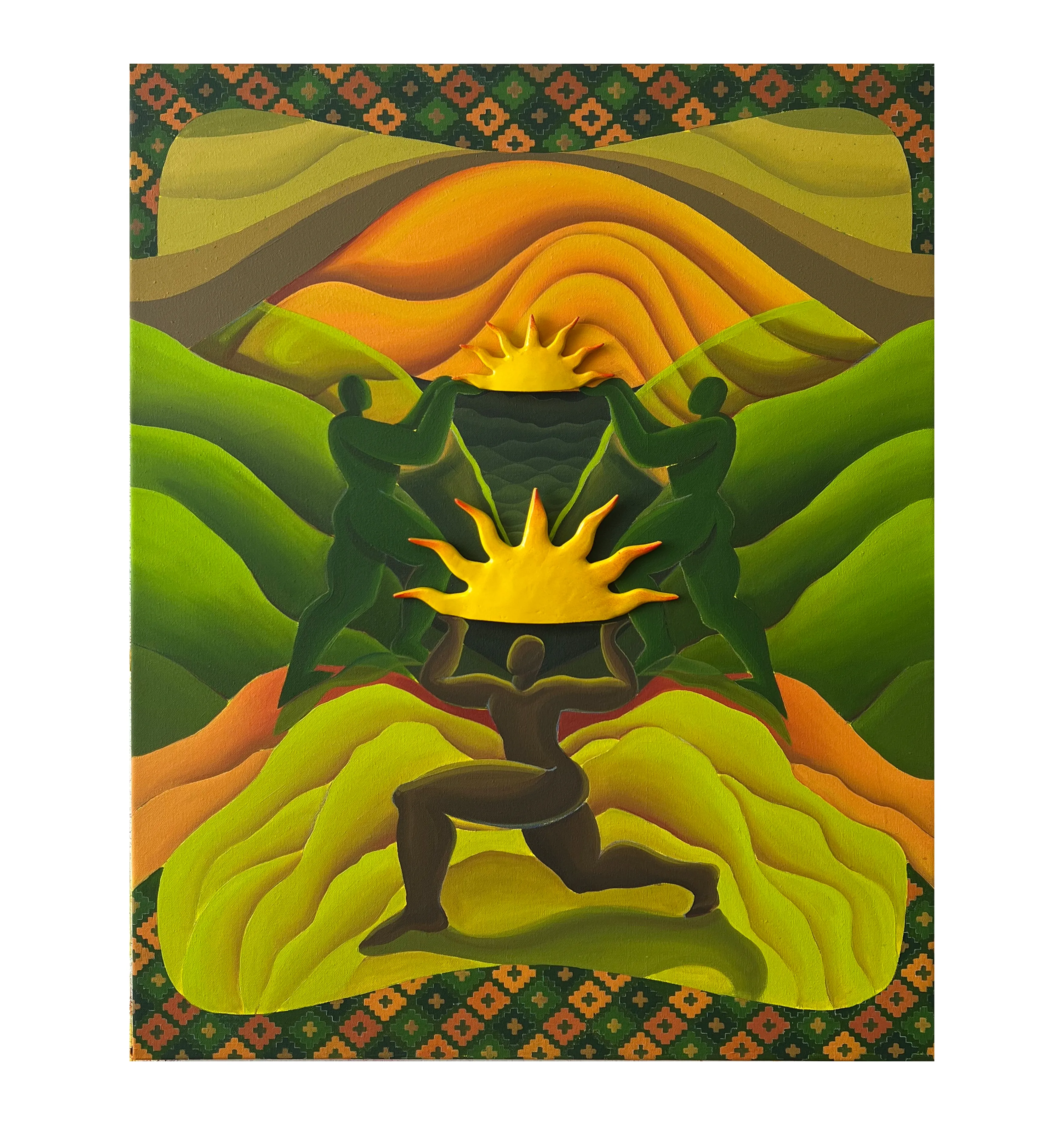 Image of Sun worship by Liza Obukhovska, size: 100x80, made of canvas, acrylic, spray, element, Painting medium, from Khmelnytskyi, part of the When we were hills series, priced at $1000
