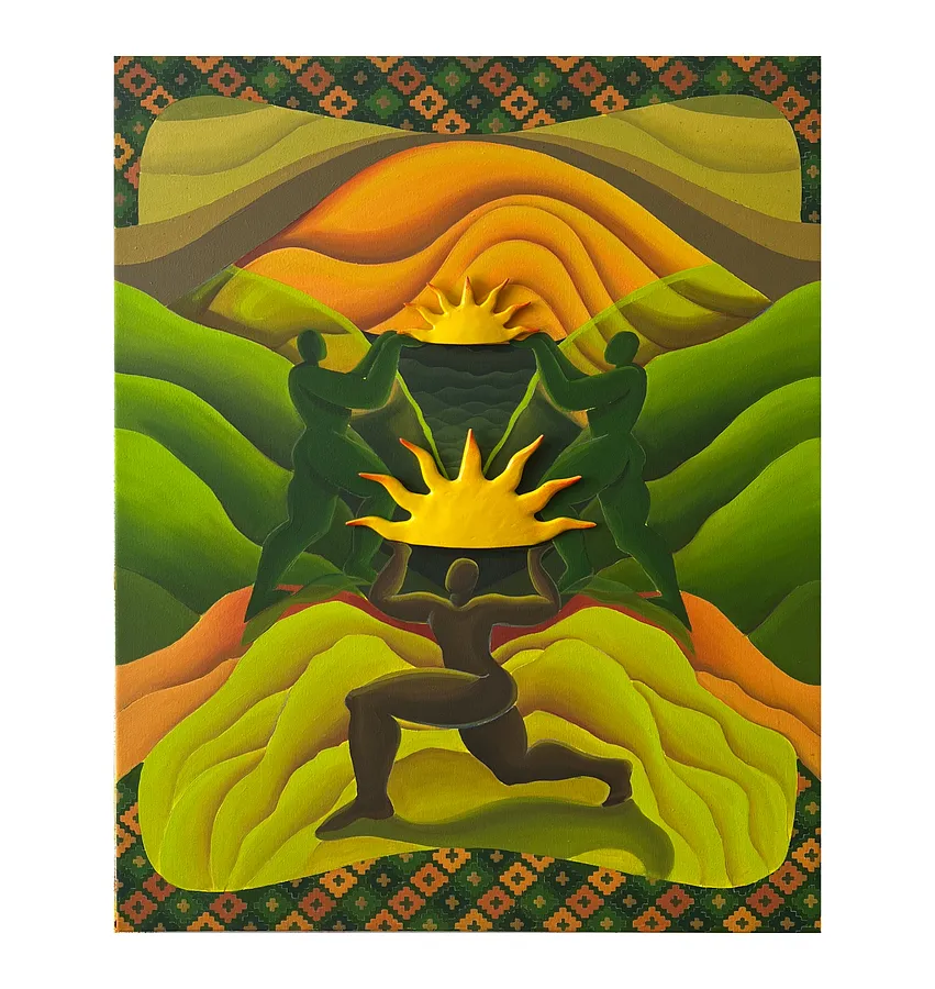 Image of Sun worship by Liza Obukhovska, size: 100x80, made of canvas, acrylic, spray, element, Painting medium, from Khmelnytskyi, part of the When we were hills series, priced at $1000